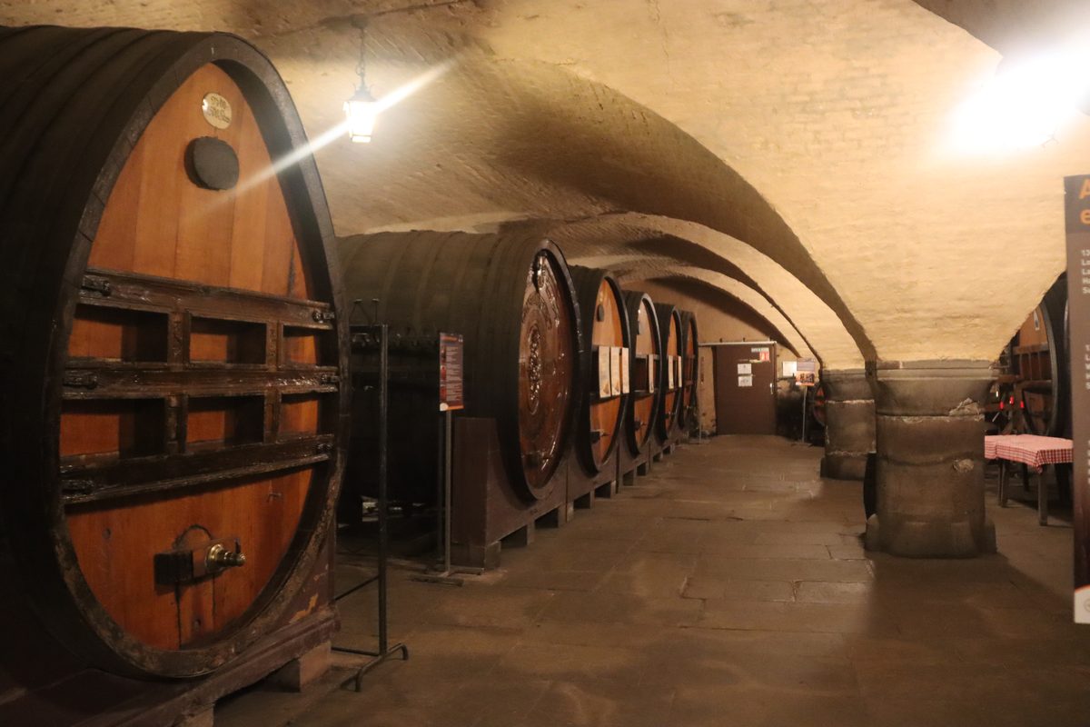Cave voûtée en pierre garnie de grands foudres en chêne, la cave historique des Hospices de Strasbourg en Alsace